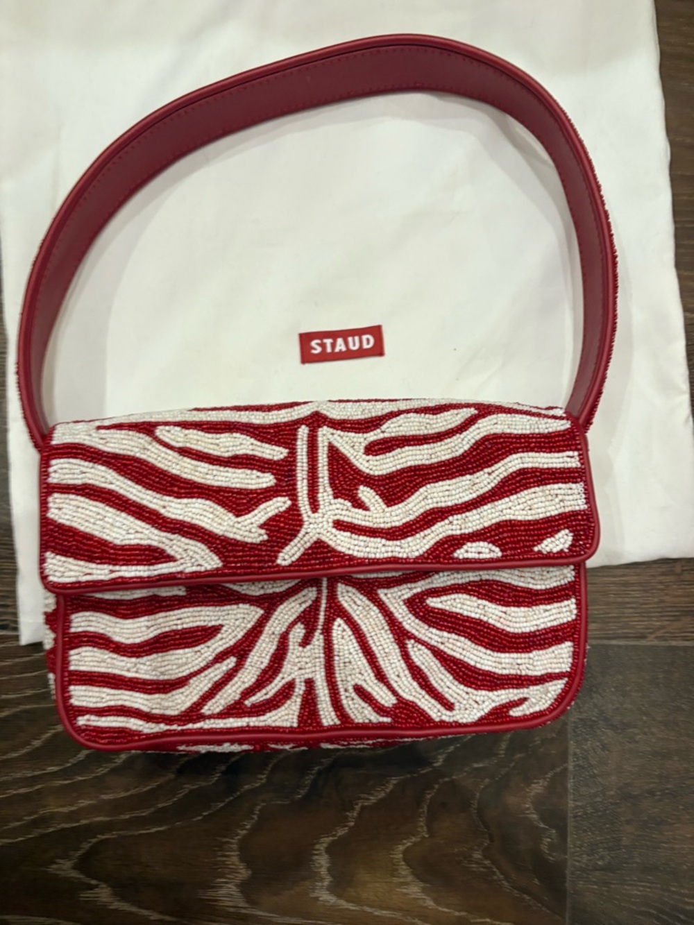 STAUD Red and White Beaded Shoulder Bag with Zebra Motif - Picture 2 of 6